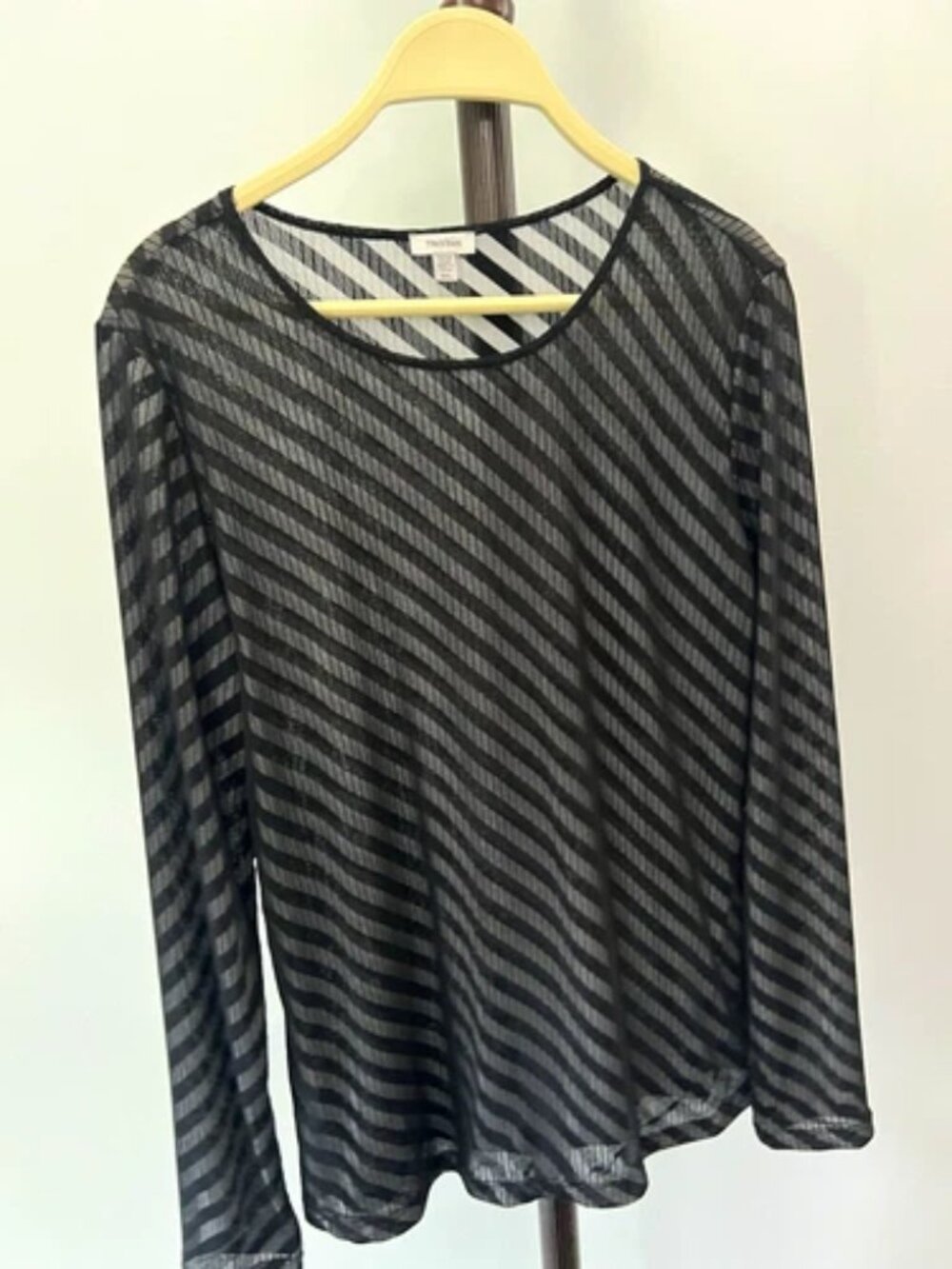 Tristan Women’s L Mesh Sheer Striped Long Sleeve Round Neck Pullover Blouse